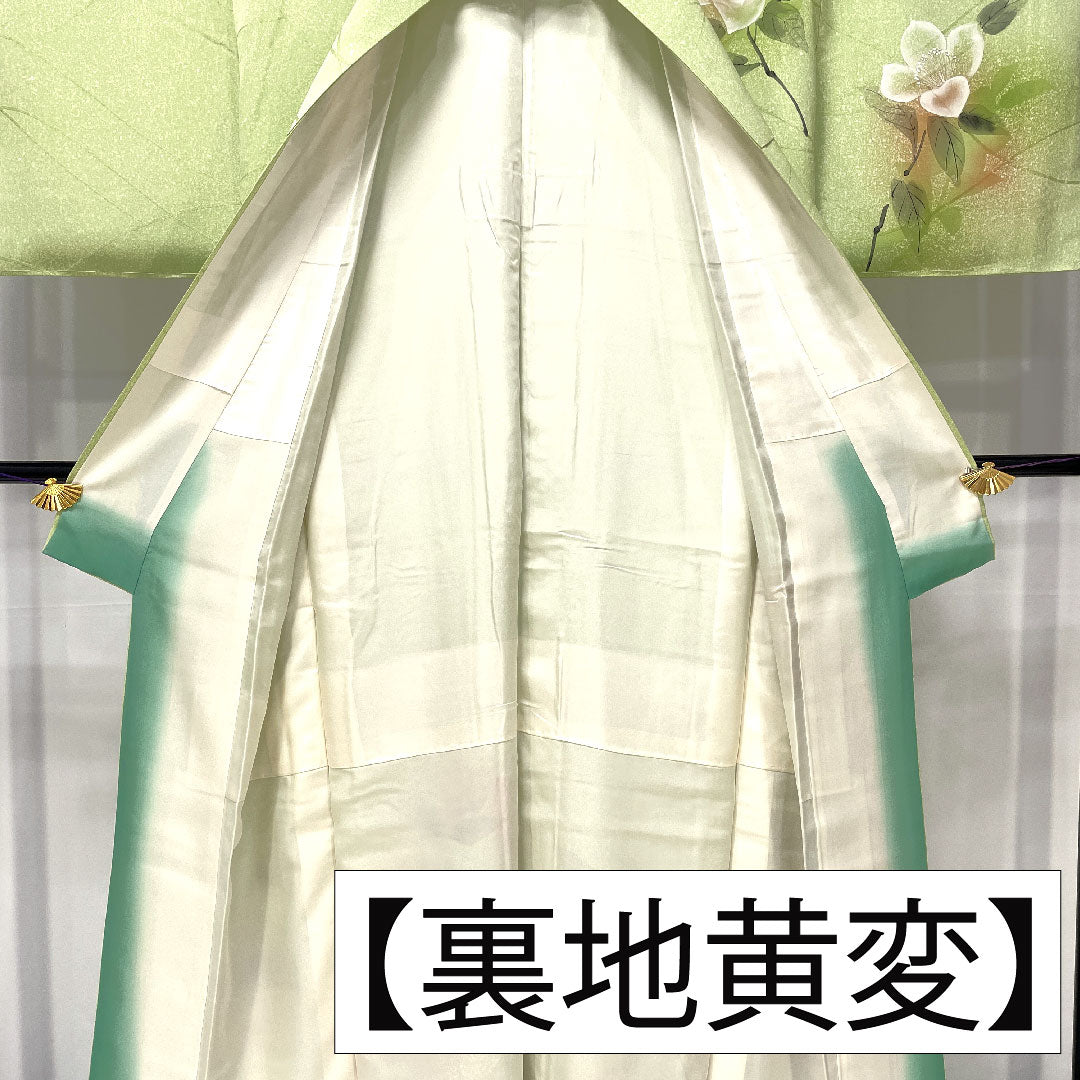 Homongi, pure silk, lined, length 158.5cm, sleeve length 62.5cm, yellowish green, floral pattern, wet-dyed yuzen, A rank, green, 1112005763319
