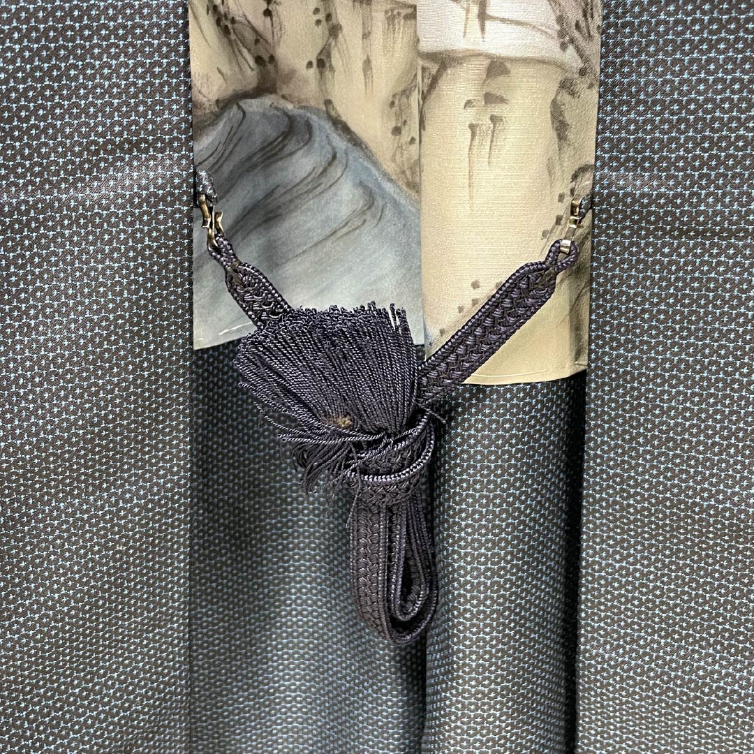 Men's pure silk S-rank kimono, length 139.5cm, sleeve length 64cm, Berlin blue (Berence blue) geometric pattern ensemble, with haori cord, lined, blue, 1119001302317