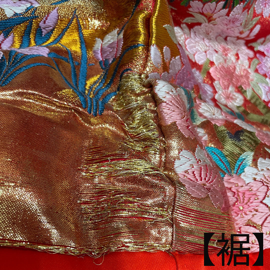 色打掛 正絹 身丈193cm 裄丈65cm 唐織 鶴 松 桜 鴛鴦 Aランク 袷 朱系 1110000713916