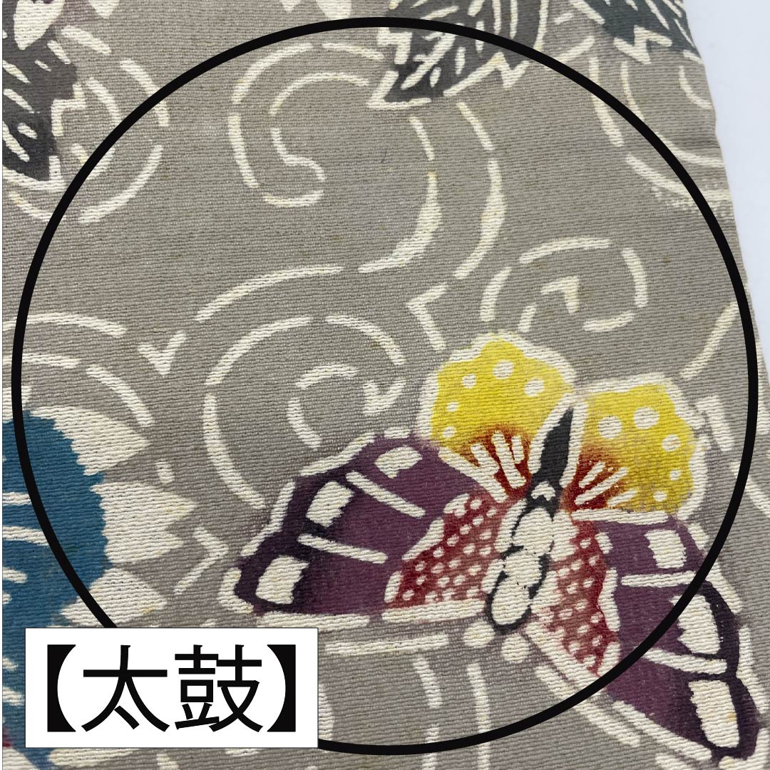 Nagoya Obi, Pure Silk, Grade B, Silk Gray, Bingata-style Stencil Dyeing, Peony Design, Length 347cm, Six-fold, Casual, Gray, Product Number 1124010484322, Nagoya Style