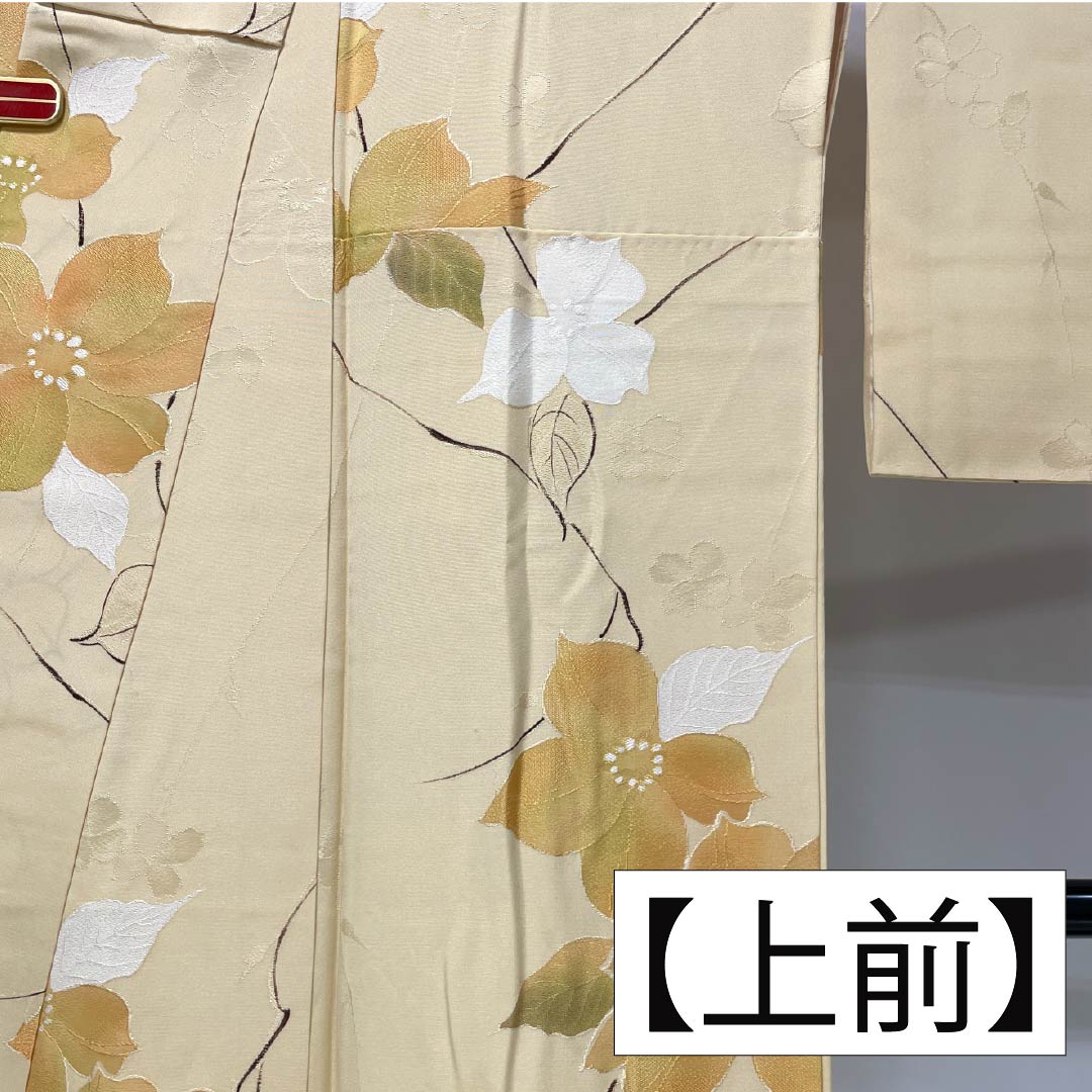 小紋 正絹 身丈160.5cm 裄丈64.5cm 袷 麴色(こうじいろ) 地紋起こし 洋花 Aランク クリーム系 1115006153415
