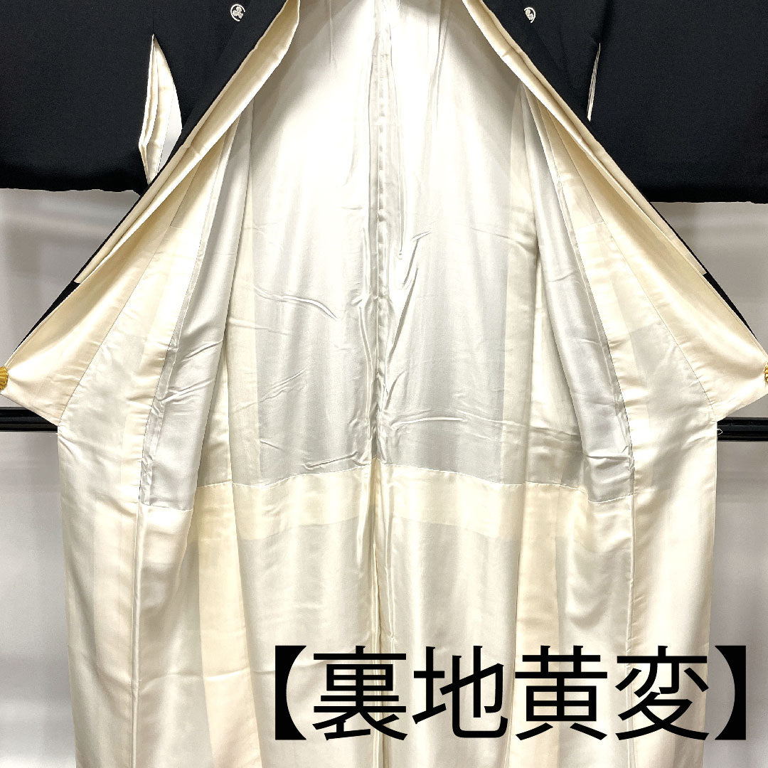 Black formal kimono, length 147.5cm, sleeve length 60cm, lined, Kyoto Yuzen, Imperial carriage, circle with three oak leaves, pure silk, A rank, five crests, black, 1111000863110