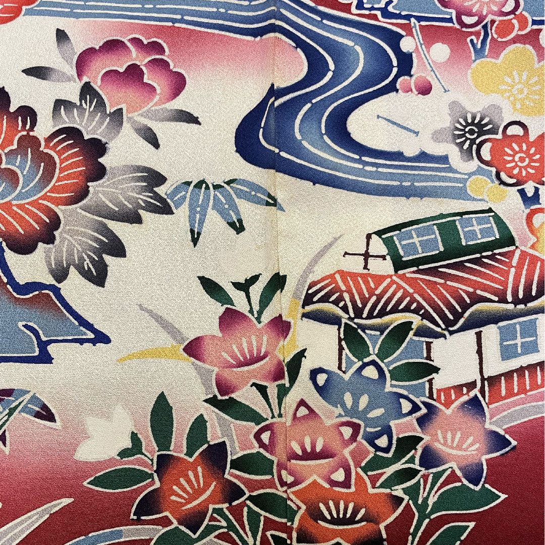 Long-sleeved kimono, length 167cm, sleeve length 66cm, lined, Kyoto Bingata, Chayatsuji pattern, pure silk, A rank, red, 1113000103512