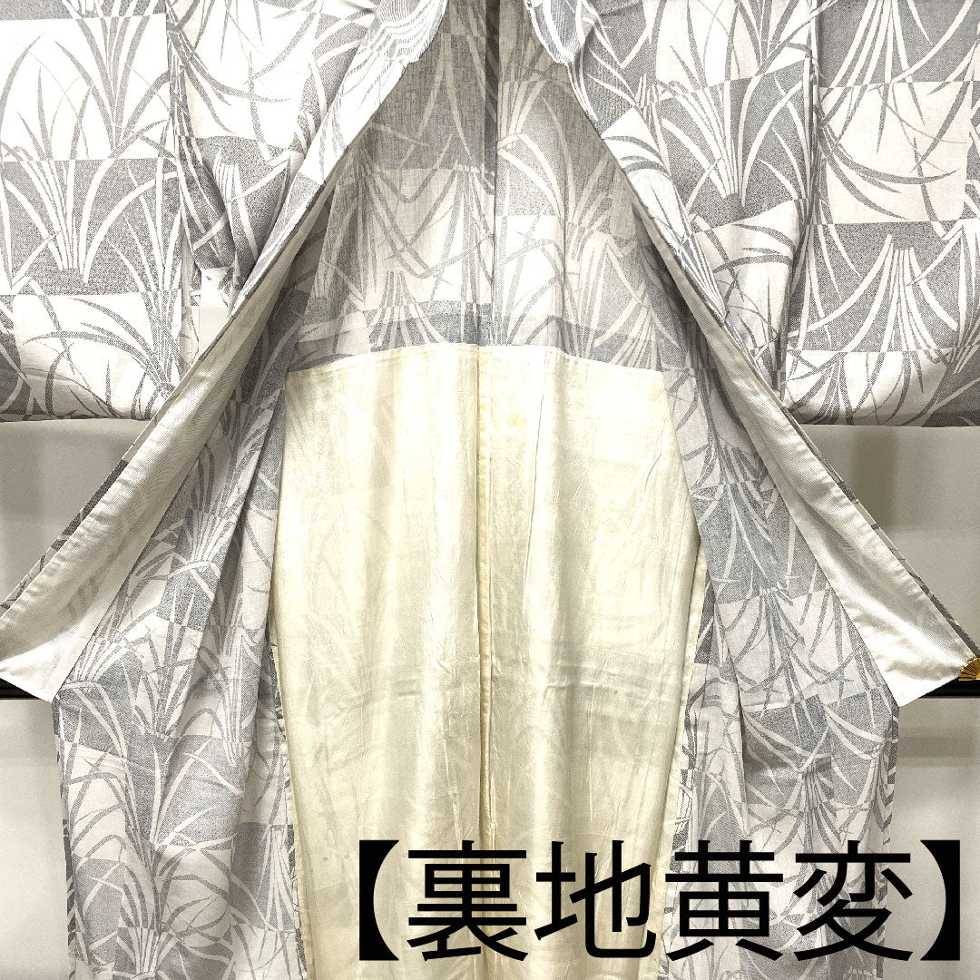 Summer kimono, polyester, small pattern, length 155cm, sleeve length 65.5cm, light ink color, checkered pattern, abstract pattern, washable kimono, gauze, B rank, gray 1132000804322