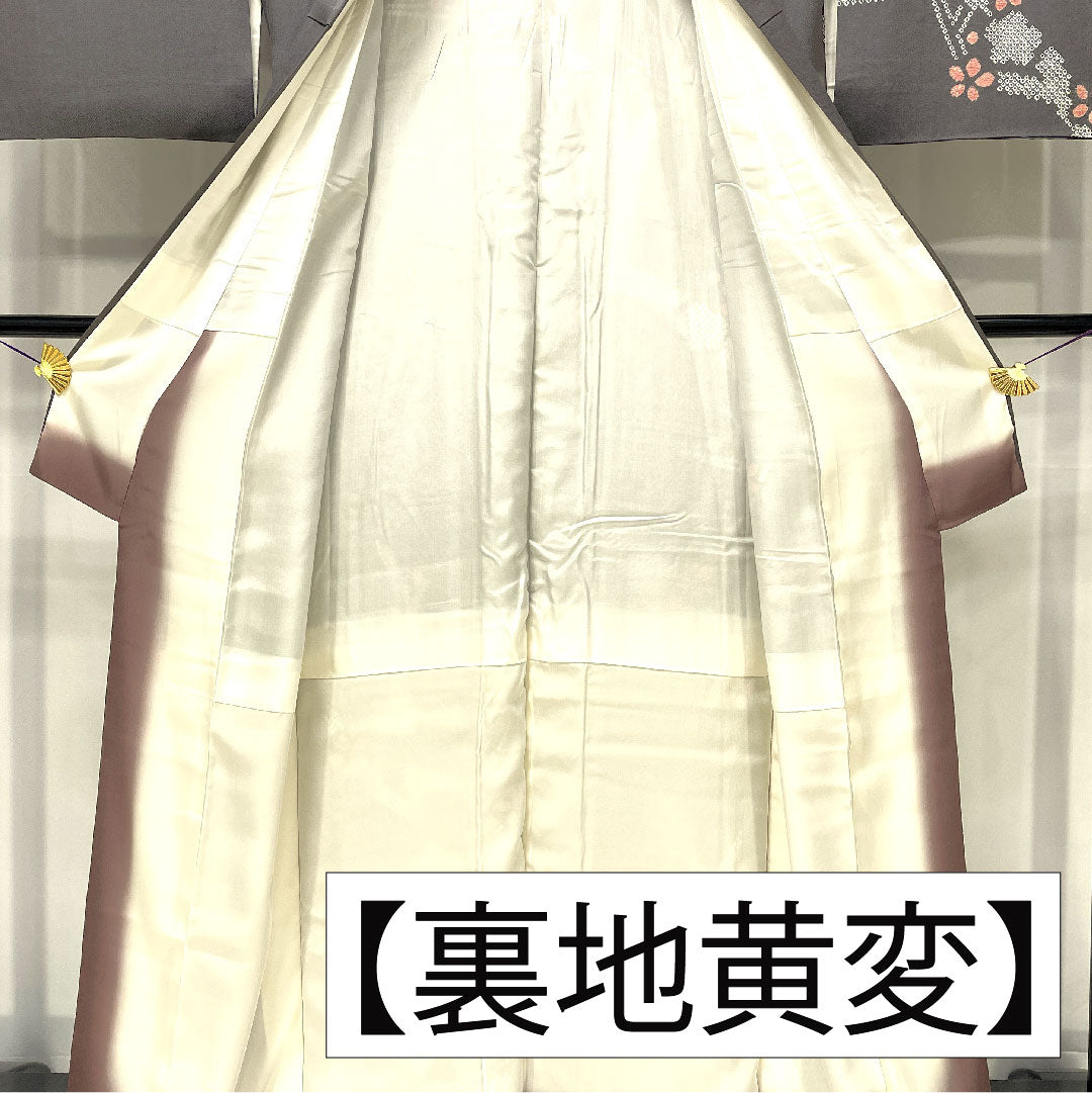 Homongi, pure silk, lined, length 164cm, sleeve length 63.5cm, indigo grey, partially dyed, cherry blossom, A rank, grey, 1112005773422