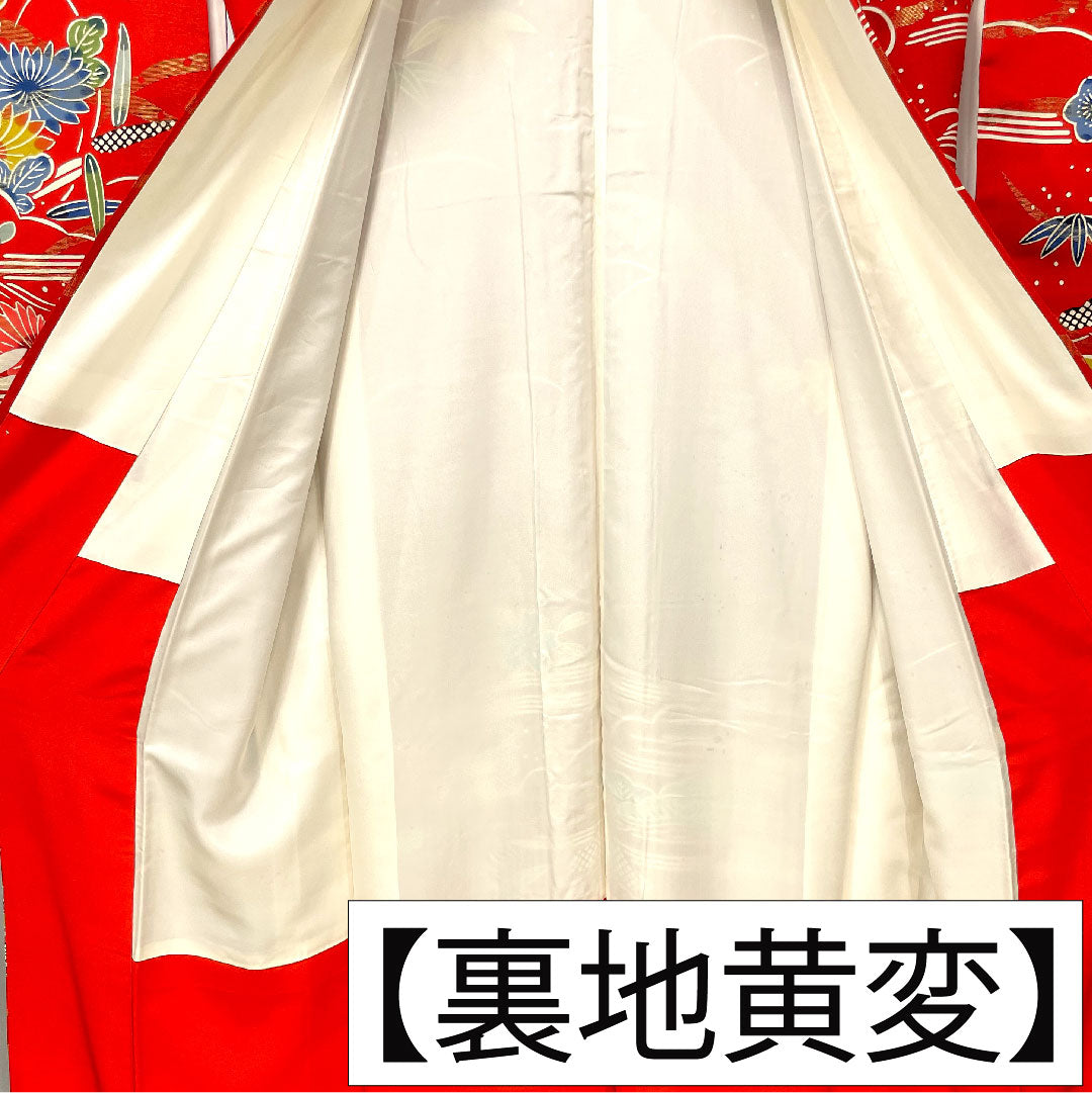 振袖 正絹 身丈160cm 裄丈62.5cm 袷 土耳古赤色(とるこあかいろ) 金通し 露芝 草花模様 Aランク 赤系 1113002043412