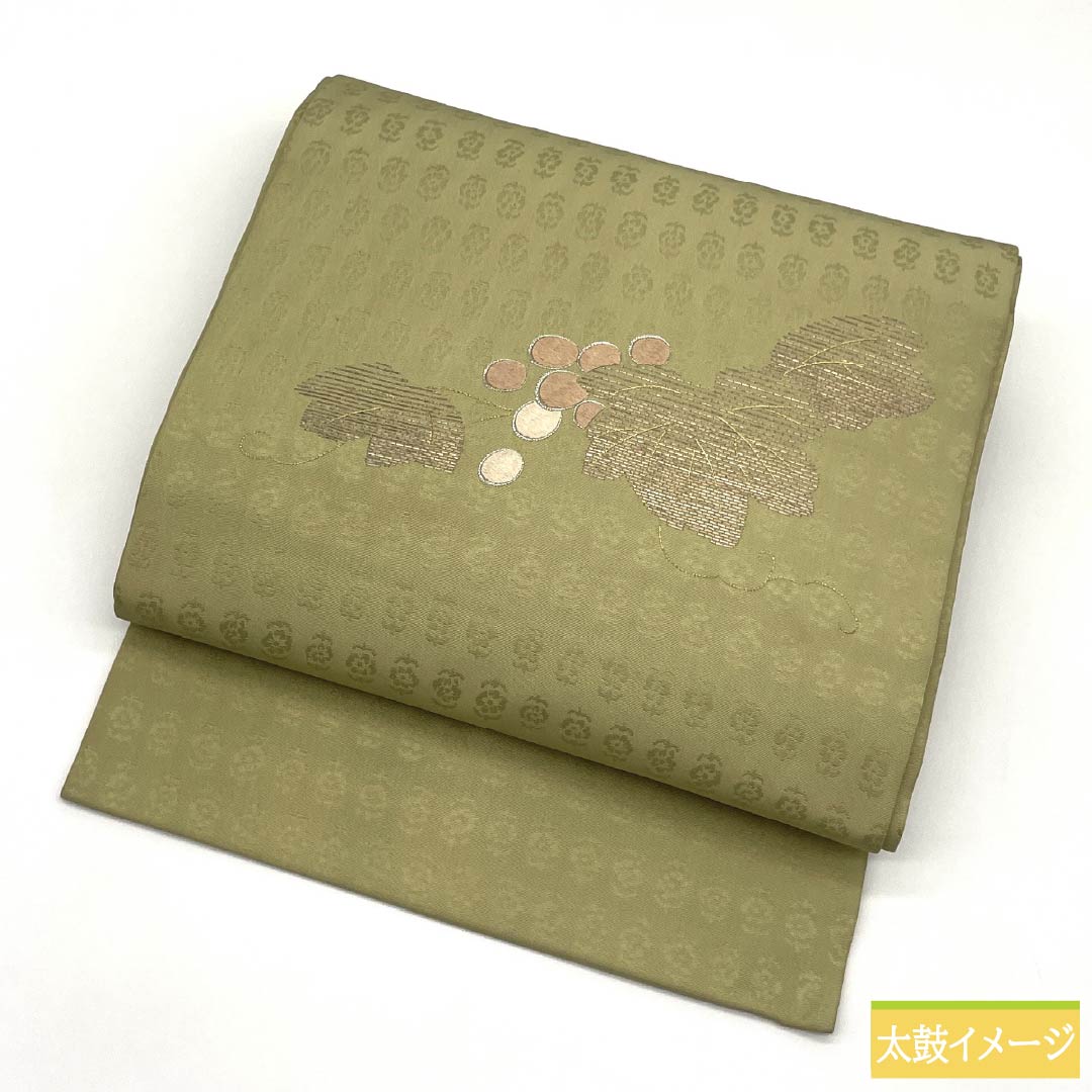 Nagoya Obi, Pure Silk, Grade A, Pale Yellow, Takeyamachi Embroidery, Grape Arabesque Design, Pointed Pattern, Semi-Formal, Yellow, 364cm Length, 1124010373323, Nagoya Style