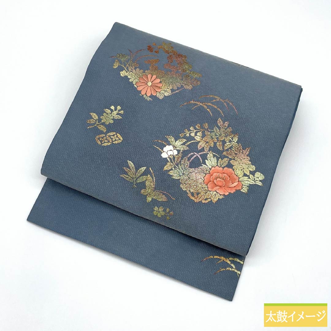 Nagoya Obi, Pure Silk, Grade A, Minato Nezuiro (Minato Gray), Nishijin-ori Weave, Gold Accents, Partial Embroidery, 358cm Long, Pointed Pattern, Casual Style, Blue, Product Number: 1124010163317, Nagoya Style