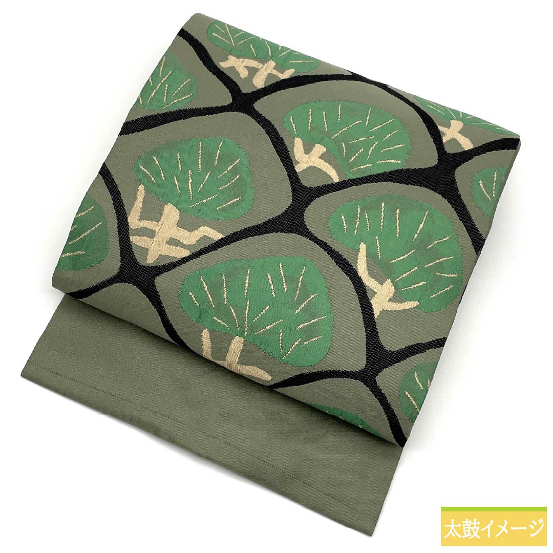 Nagoya Obi, Pure Silk, S-Rank, Willow Gray (Yanagi Nezuiro), Nishijin-ori (Nishijin-ori) Fabric, Pine Pattern, Pointed Pattern, Casual, Green, 373cm Long, Product Number: 1124010402319, Nagoya Style