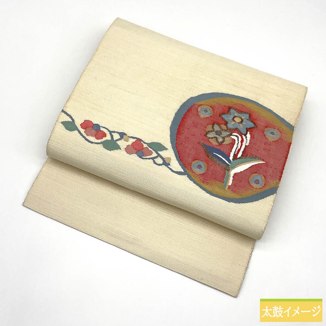 Nagoya Obi, Pure Silk, S-Rank, Milky White, Sukui Weave, Abstract Floral Design, Pointed Pattern, Casual, Cream, 1124010242315, Pine Needle Pattern