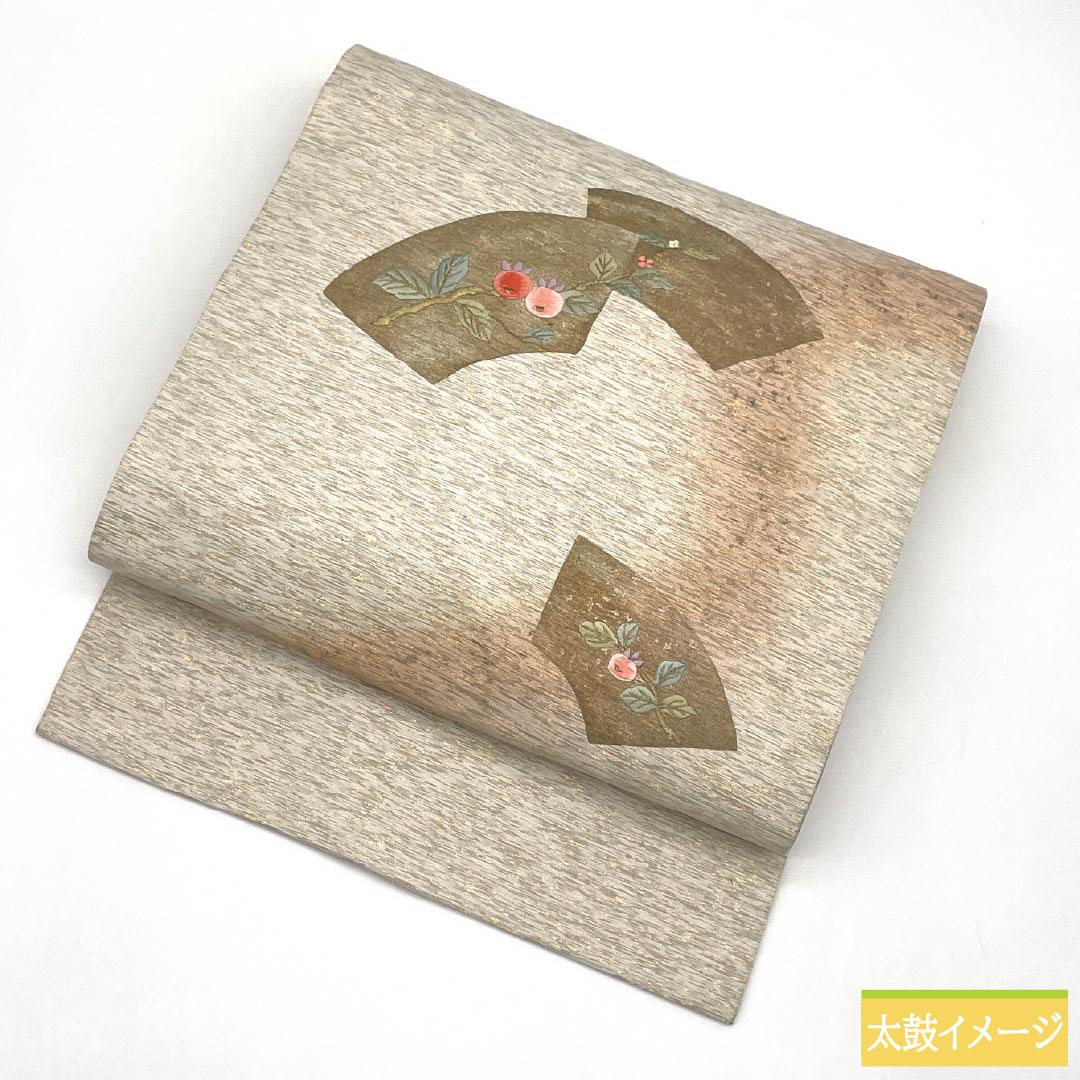 Nagoya Obi, Pure Silk, S-Rank, Nishijin-ori, Fan-Shaped Design, Embroidered Floral Pattern, 355cm Long, Pointed Design, Semi-Formal, White, Item Number 1124010312311, Nagoya Style