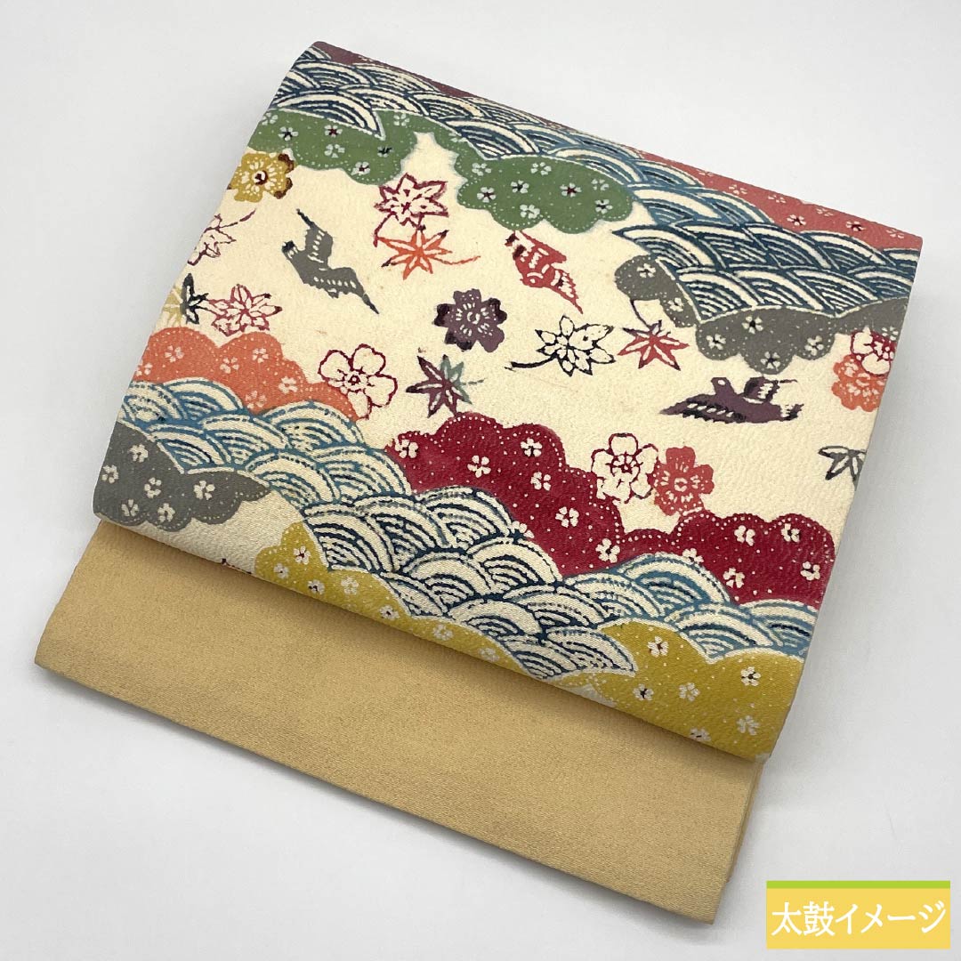 Nagoya Obi, Pure Silk, Grade B, Milky White, Kyoto Bingata Dyed Obi with Auspicious Motifs, Length 402cm, Six-Ply, Casual, Cream-Colored, 1124009924415, Pine Needle Pattern