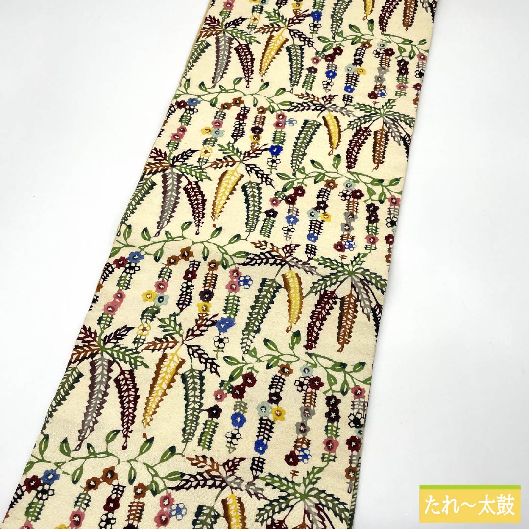 Nagoya Obi, Pure Silk, Grade A, Milky White, Kyoto Bingata Dyed Obi, Floral Pattern, Length 332cm, Six-Ply, Casual, Cream-Colored, Product Number 1124009913315, Nagoya Style