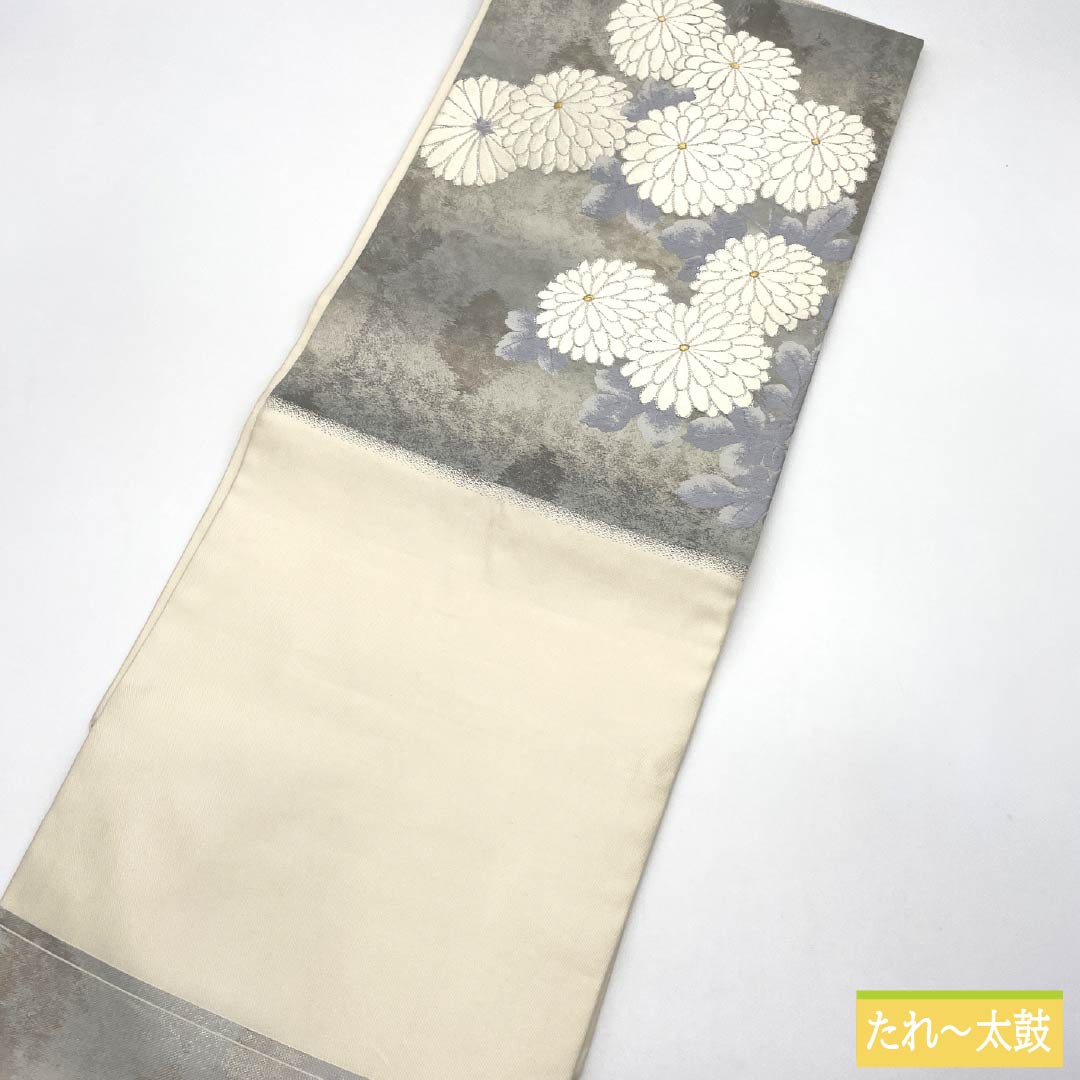 Nagoya Obi, Pure Silk, Grade A, Nishijin-ori, Chrysanthemum Design, 355cm Long, Silver, Pointed Pattern, Semi-Formal, 1124010343322, Nagoya Style