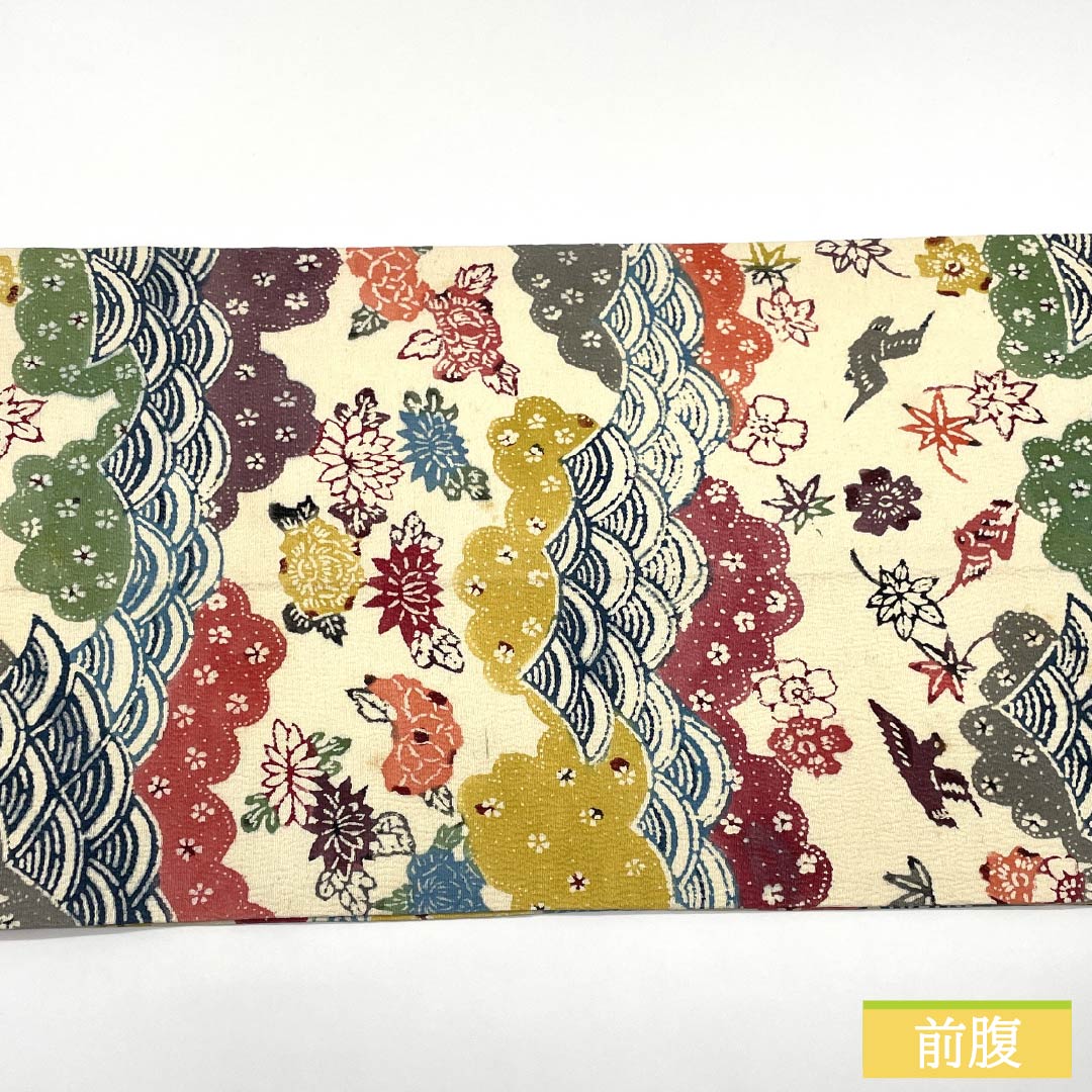 Nagoya Obi, Pure Silk, Grade B, Milky White, Kyoto Bingata Dyed Obi with Auspicious Motifs, Length 402cm, Six-Ply, Casual, Cream-Colored, 1124009924415, Pine Needle Pattern