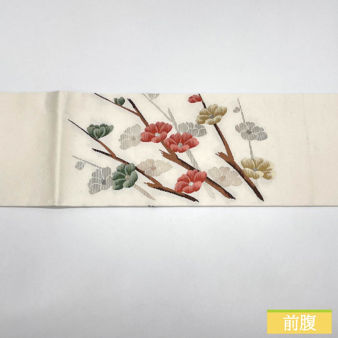 Nagoya Obi, Pure Silk, Grade A, Sazanka (Castle Flower) Pattern, Nishijin-ori Weave, Tsumugi Fabric, Length 363cm, Pointed Pattern, Casual, White, Item Number 1124010153311, Nagoya Style
