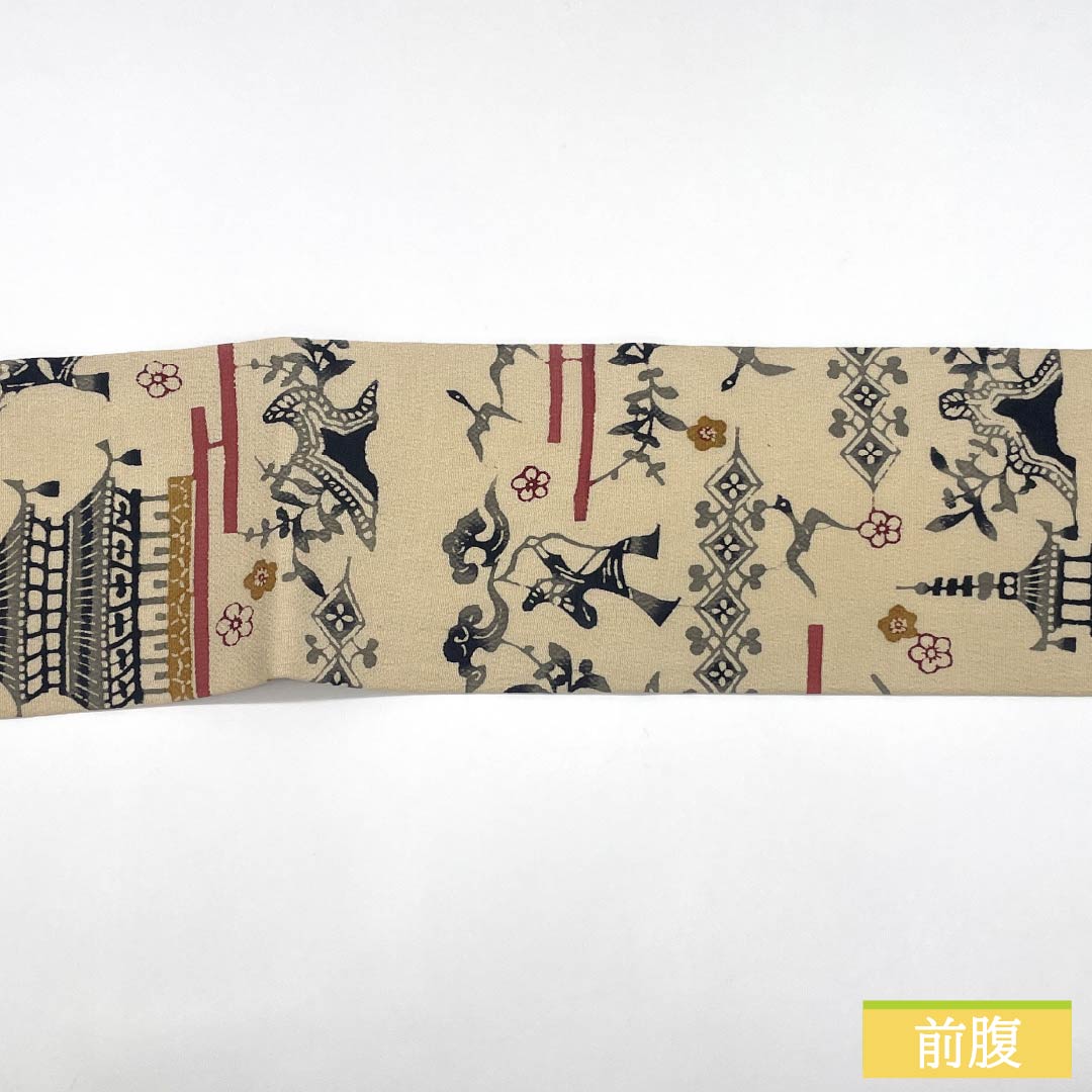 名古屋帯 正絹 Aランク 生成り色(きなりいろ) 京紅型 染め帯 琉球模様 帯丈343cm 六通 カジュアル クリーム系 1124009883315 名古屋仕立て