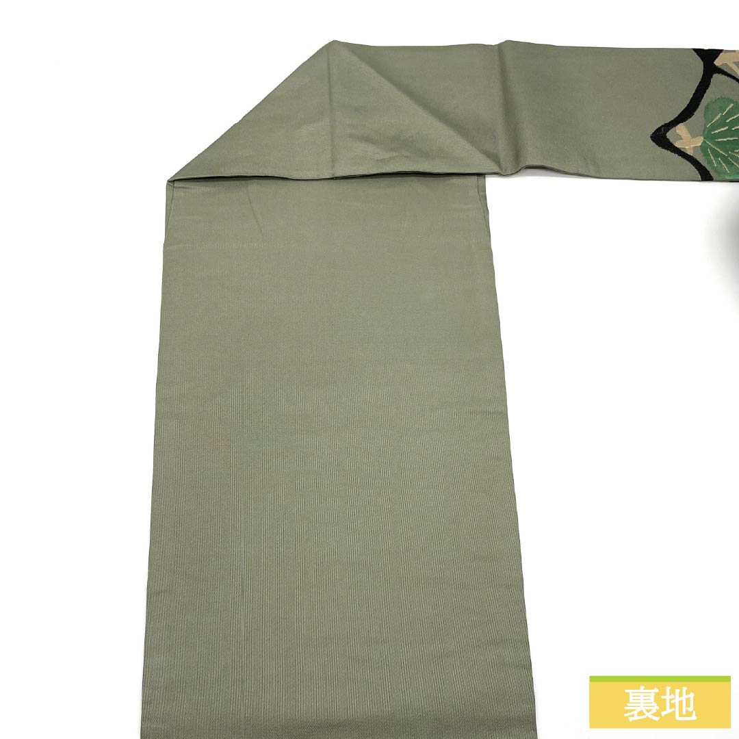 Nagoya Obi, Pure Silk, S-Rank, Willow Gray (Yanagi Nezuiro), Nishijin-ori (Nishijin-ori) Fabric, Pine Pattern, Pointed Pattern, Casual, Green, 373cm Long, Product Number: 1124010402319, Nagoya Style