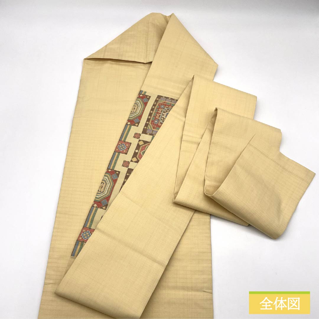 名古屋帯 正絹 Sランク 密陀僧色(みつだそういろ) 西陣織 幾何学模様 帯丈369cm ポイント柄 カジュアル 黄系 1124010412323 名古屋仕立て