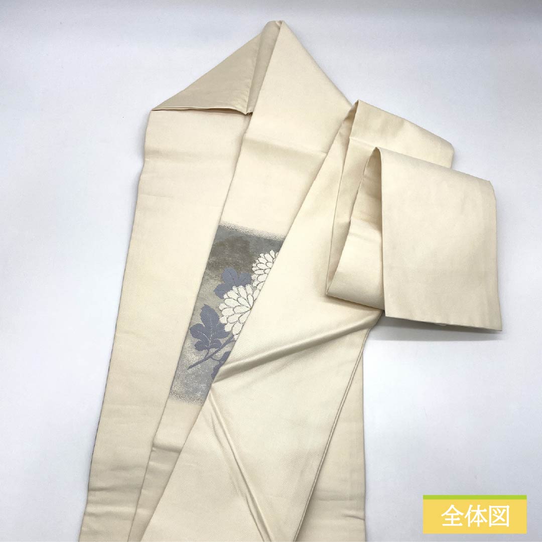 Nagoya Obi, Pure Silk, Grade A, Nishijin-ori, Chrysanthemum Design, 355cm Long, Silver, Pointed Pattern, Semi-Formal, 1124010343322, Nagoya Style
