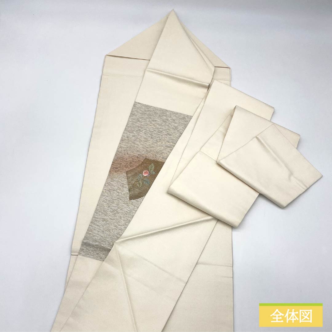 Nagoya Obi, Pure Silk, S-Rank, Nishijin-ori, Fan-Shaped Design, Embroidered Floral Pattern, 355cm Long, Pointed Design, Semi-Formal, White, Item Number 1124010312311, Nagoya Style