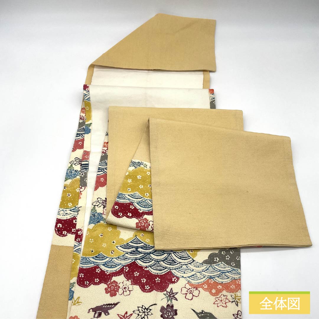 Nagoya Obi, Pure Silk, Grade B, Milky White, Kyoto Bingata Dyed Obi with Auspicious Motifs, Length 402cm, Six-Ply, Casual, Cream-Colored, 1124009924415, Pine Needle Pattern