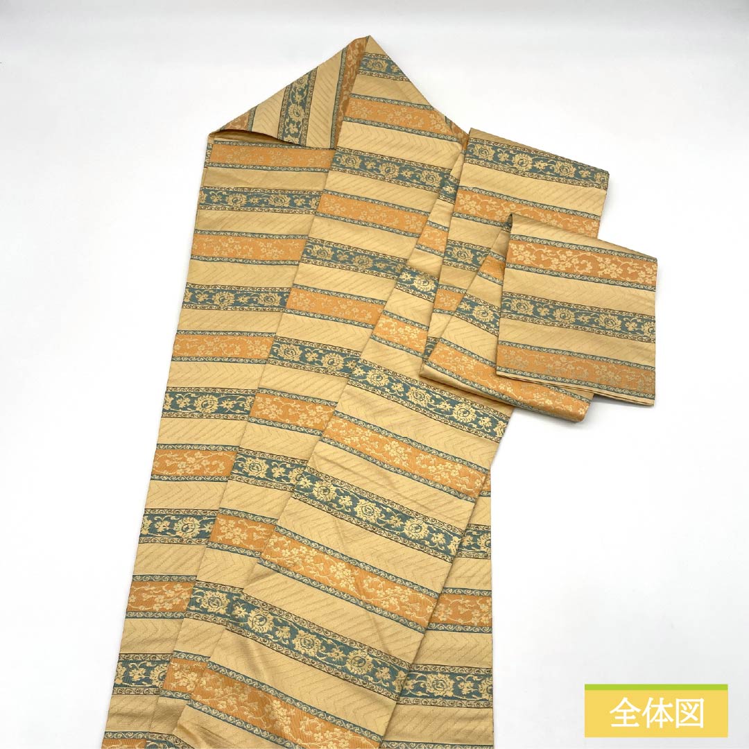 名古屋帯 正絹 Sランク 密陀僧色(みつだそういろ) 西陣織 正倉院文様 横段 帯丈358cm 全通 セミフォーマル 黄系 1124009972323 名古屋仕立て