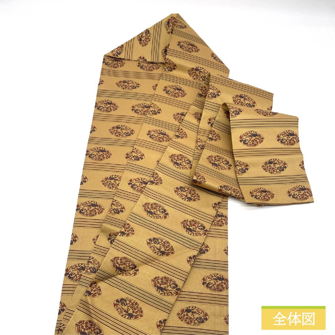 名古屋帯 正絹 Sランク 薄柑子色(うすこうじいろ) 紹巴織 正倉院文様 帯丈350cm 全通 カジュアル 黄系 1124010002323 名古屋仕立て