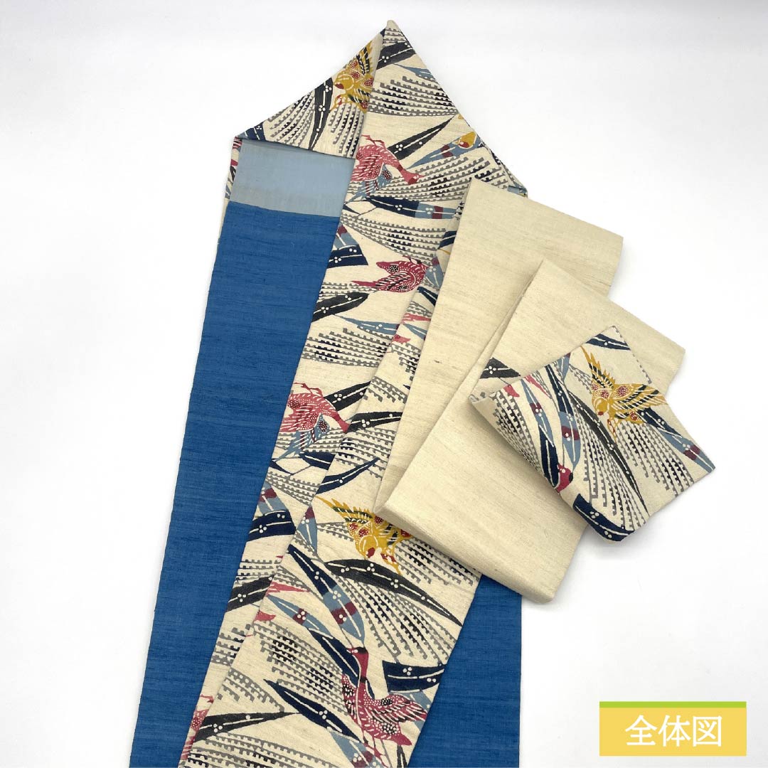 Nagoya Obi, Pure Silk, Grade B, Off-White, Kyoto Bingata Pattern, Tsumugi Fabric, Dyed, 373cm Long, Six-Ply, Casual, Cream-Tone, Product Number: 1124009874315, Nagoya Style