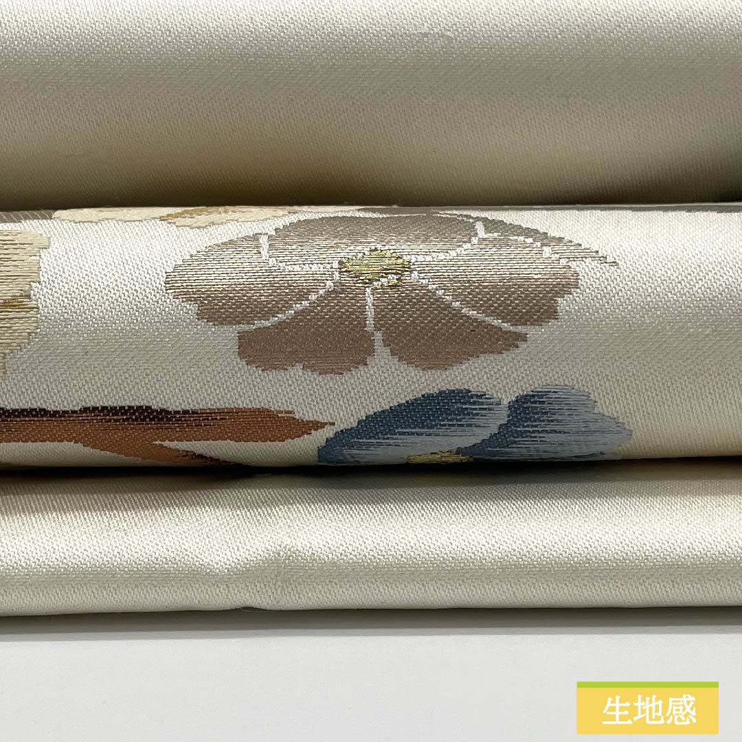 Nagoya Obi, Pure Silk, Grade A, Sazanka (Castle Flower) Pattern, Nishijin-ori Weave, Tsumugi Fabric, Length 363cm, Pointed Pattern, Casual, White, Item Number 1124010153311, Nagoya Style