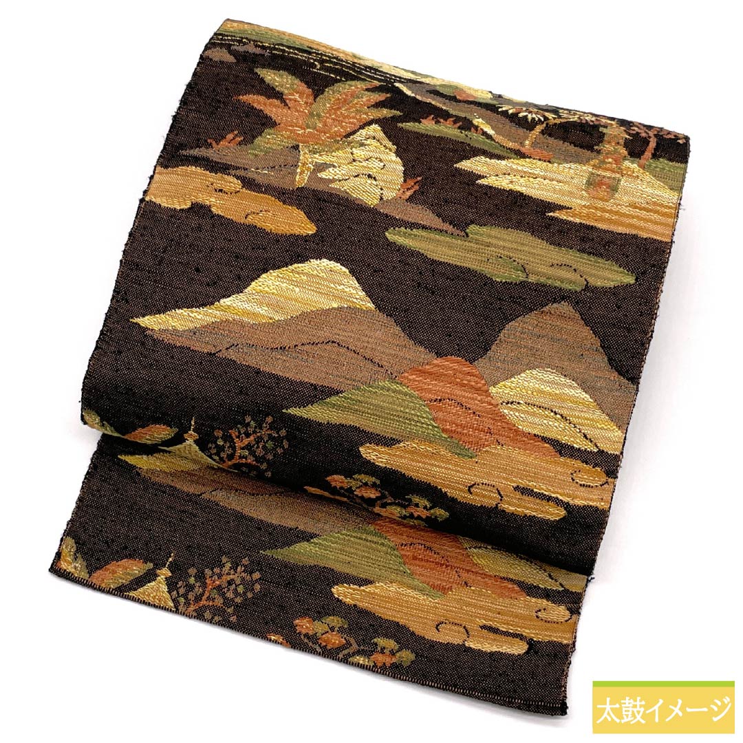 Nagoya obi, genuine silk, A rank, hiwada-iro (dark brown), tsumugi fabric, landscape pattern, obi length 352cm, rokkaku, casual, brown, 1124011293314, Nagoya tailoring