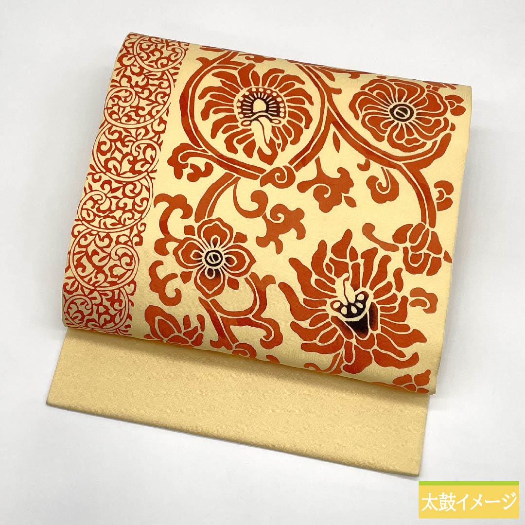 Nagoya Obi, genuine silk, A rank, Mitsudasou-iro (ocher yellow), stencil-dyed arabesque pattern, abstract floral pattern, obi length 358cm, partial pattern, casual, cream-colored, 1124011263315, Nagoya tailoring
