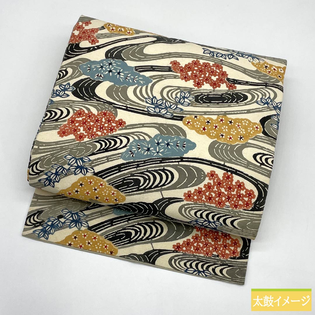 Nagoya obi, genuine silk, B rank, milky white, Kyo-bingata, flowing water, classical pattern, obi length 345cm, rokkutsu, casual, beige, 1124011284325, Nagoya style