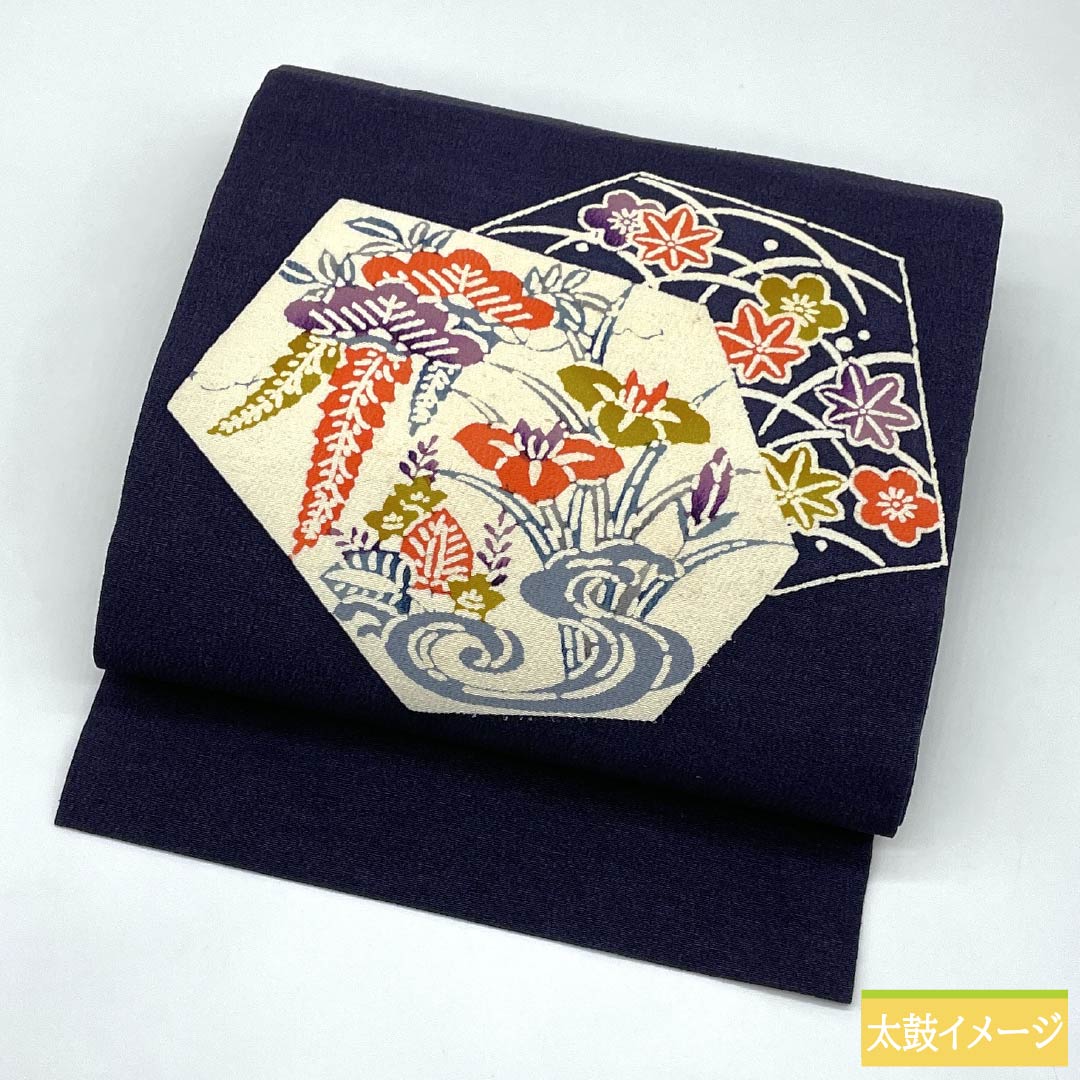 Nagoya obi, genuine silk, Rank A, Kachiiro (dark blue/brown), katazome, chirimen fabric, classic pattern, obi length 365cm, point pattern, casual, purple-ish, 1124011493320, Nagoya tailoring