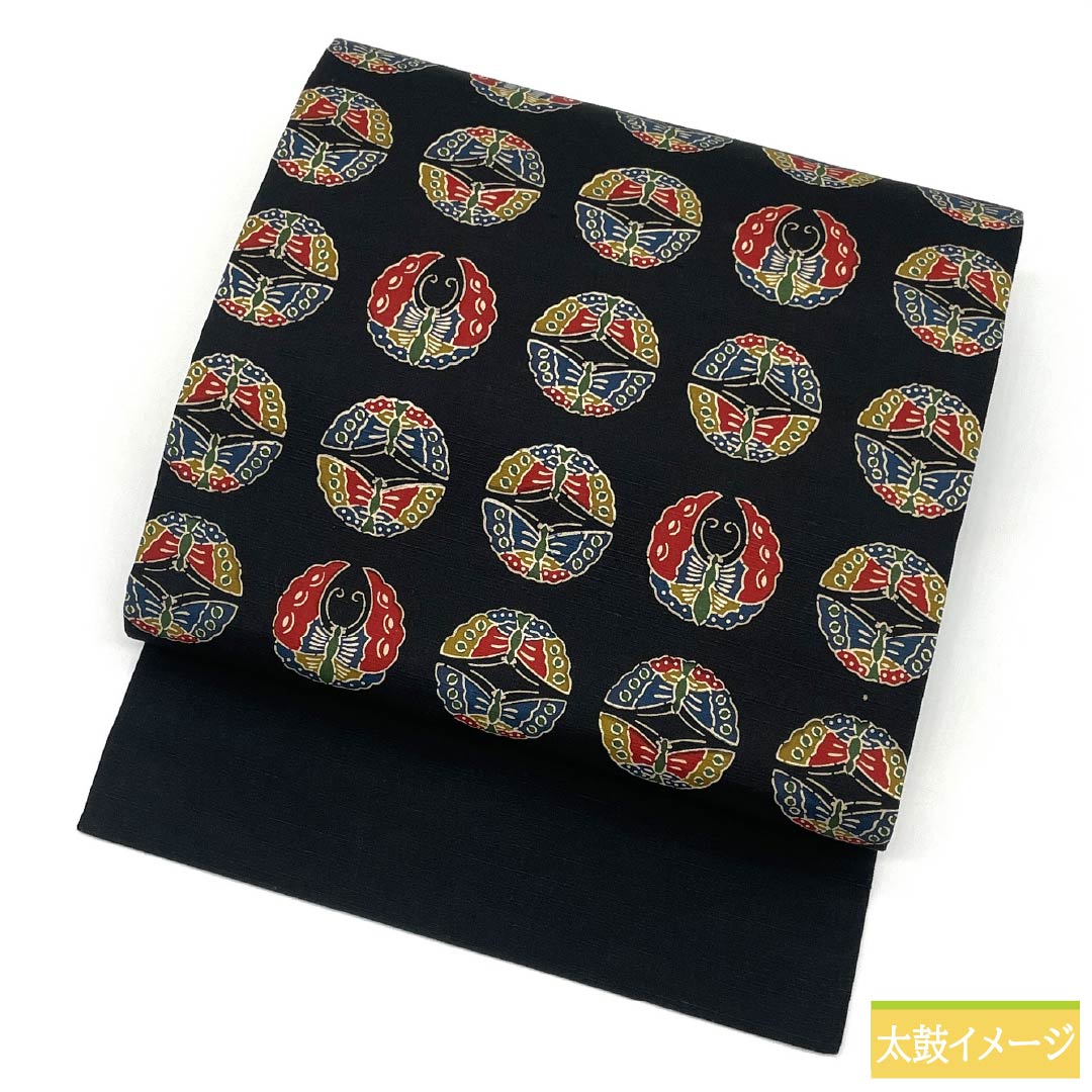 Nagoya obi, genuine silk, A rank, black, stencil-dyed, butterfly, obi length 366cm, fully patterned, casual, black family, 1124011083310, Nagoya tailoring