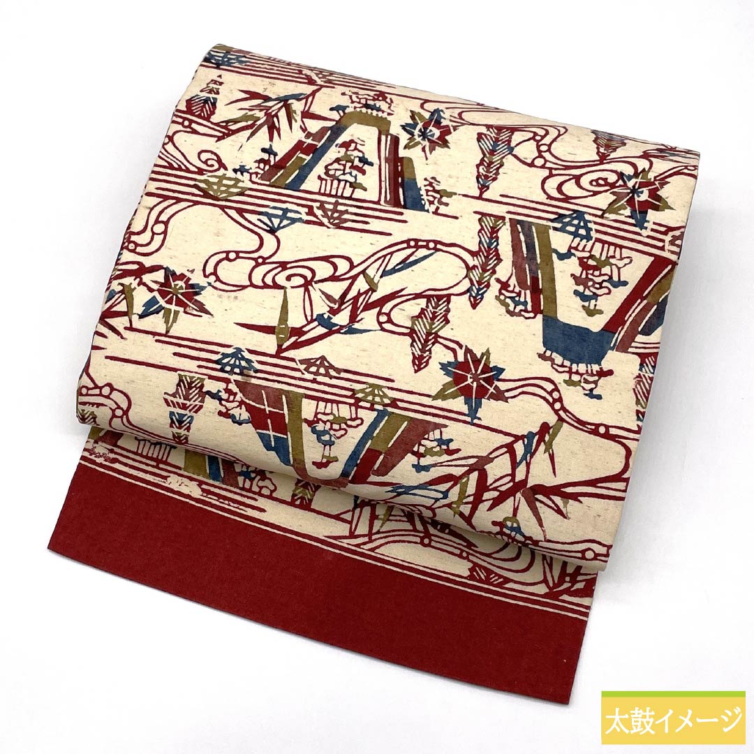 Nagoya obi, genuine silk, A rank, cream (neri-iro), plant-dyed, landscape painting, obi length 351cm, point pattern, casual, beige family, 1124011113325, Nagoya tailoring
