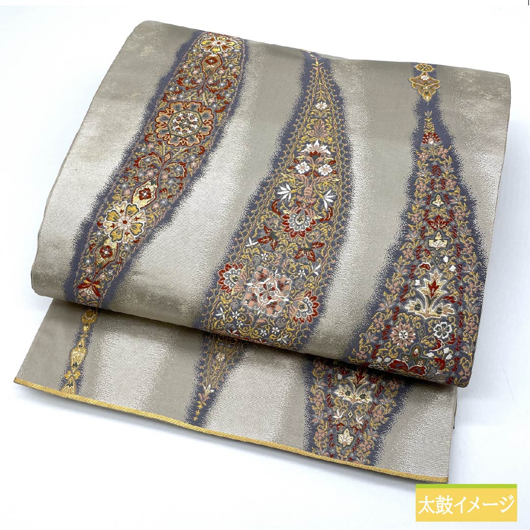 Fukuro Obi (Sash) - Pure Silk, Silver (Gin-iro) - Nishijin Weave - Kano Yuki - Paisley Pattern - Obi Length: 442cm - S Rank - Six-way - Semi-formal - Silver 1123012922322