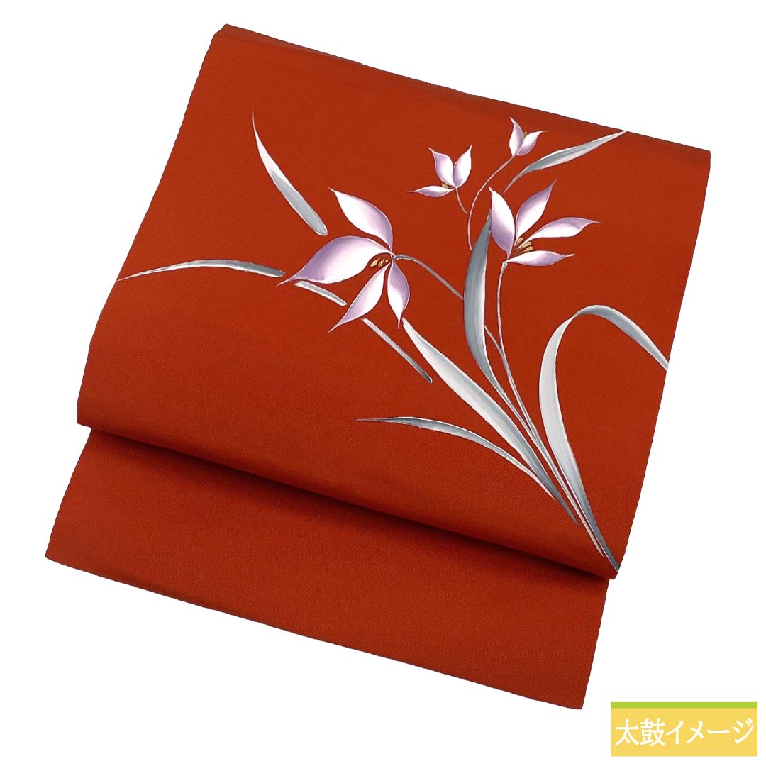 Nagoya obi, genuine silk, A rank, Nagoya tailoring, deep autumn leaf color, dyed obi, Shioze, abstract floral pattern, obi length 352cm, partial pattern, semi-formal, vermilion family, 1124011863316