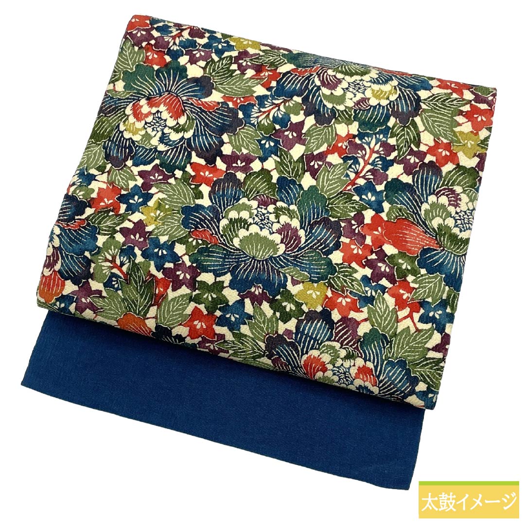 Nagoya obi, genuine silk, S-rank, Nagoya tailoring, Berlin blue, Kyo-bingata, bingata style, floral pattern, obi length 358cm, all-over pattern, casual, blue, 1124011922317