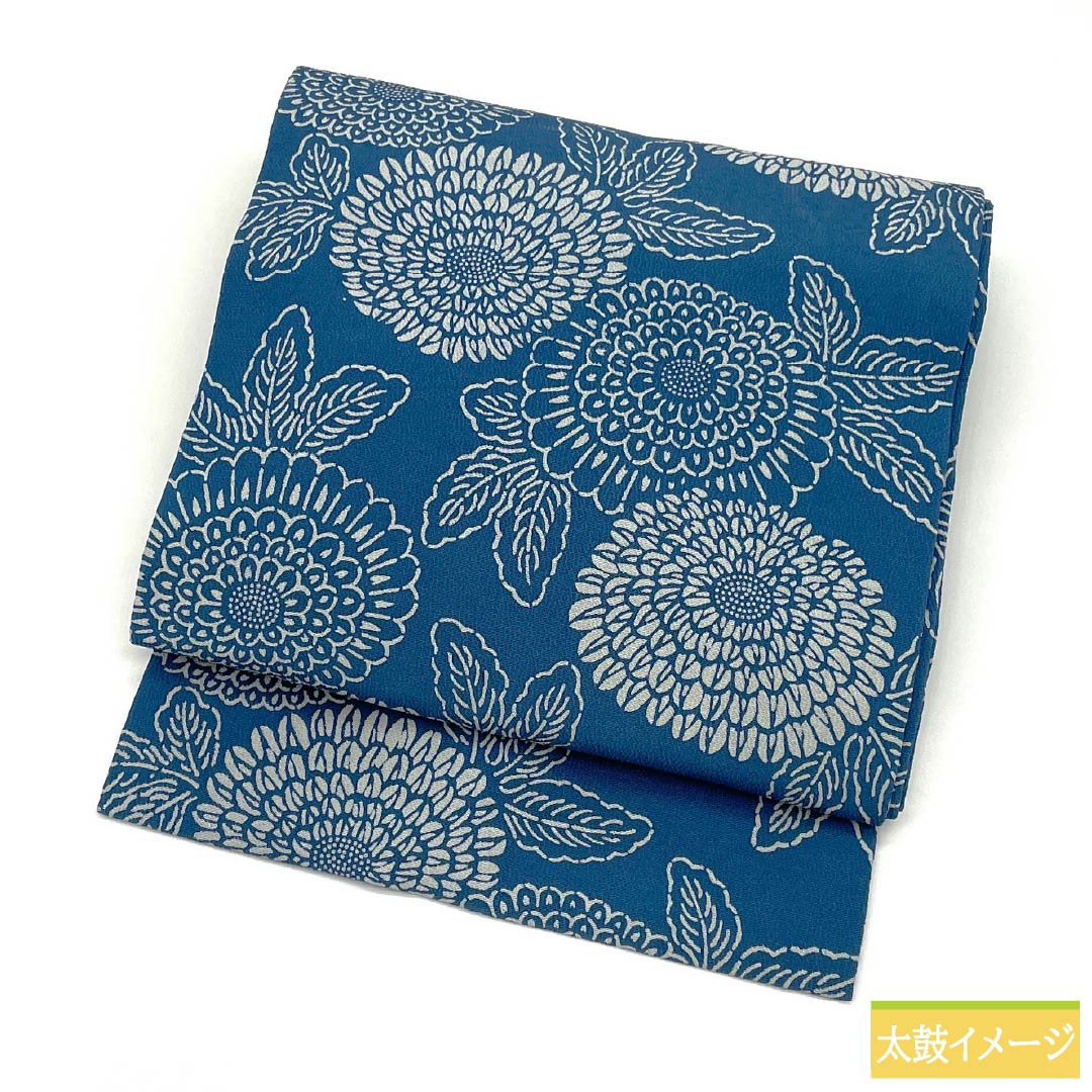 Nagoya obi, genuine silk, Rank A, indigo blue, stencil dyeing, chrysanthemum floral pattern, obi length 338cm, full-width pattern, casual, blue-toned, 1124011093317, Nagoya tailoring