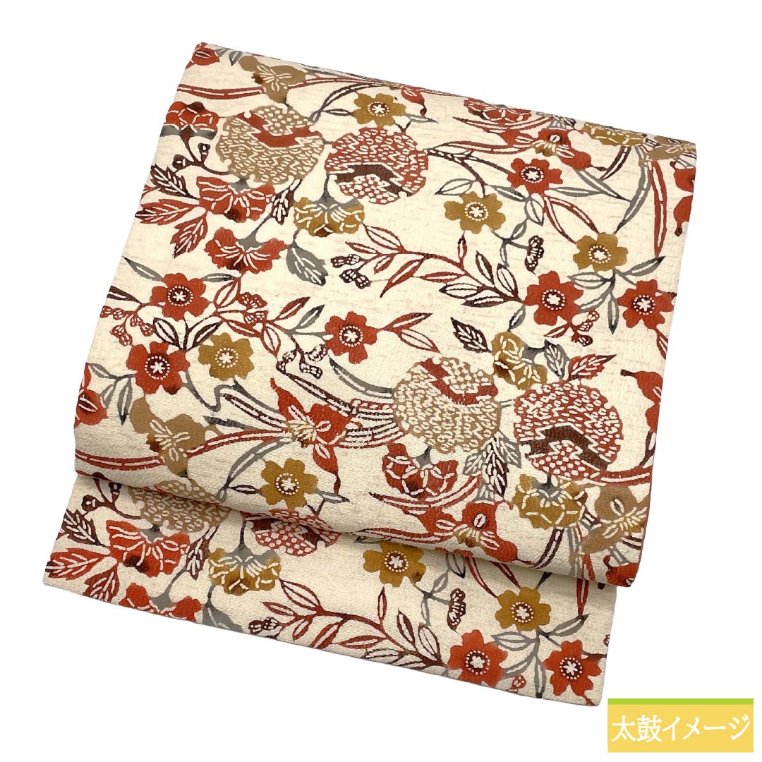 Nagoya obi, genuine silk, Rank A, Nagoya tailoring, Neri-iro (off-white), Kyoto Yuzen bingata, coral color, classic pattern, obi length 340cm, rokkutsu (pattern on 60% of the obi), casual, white-based, 1124012013311