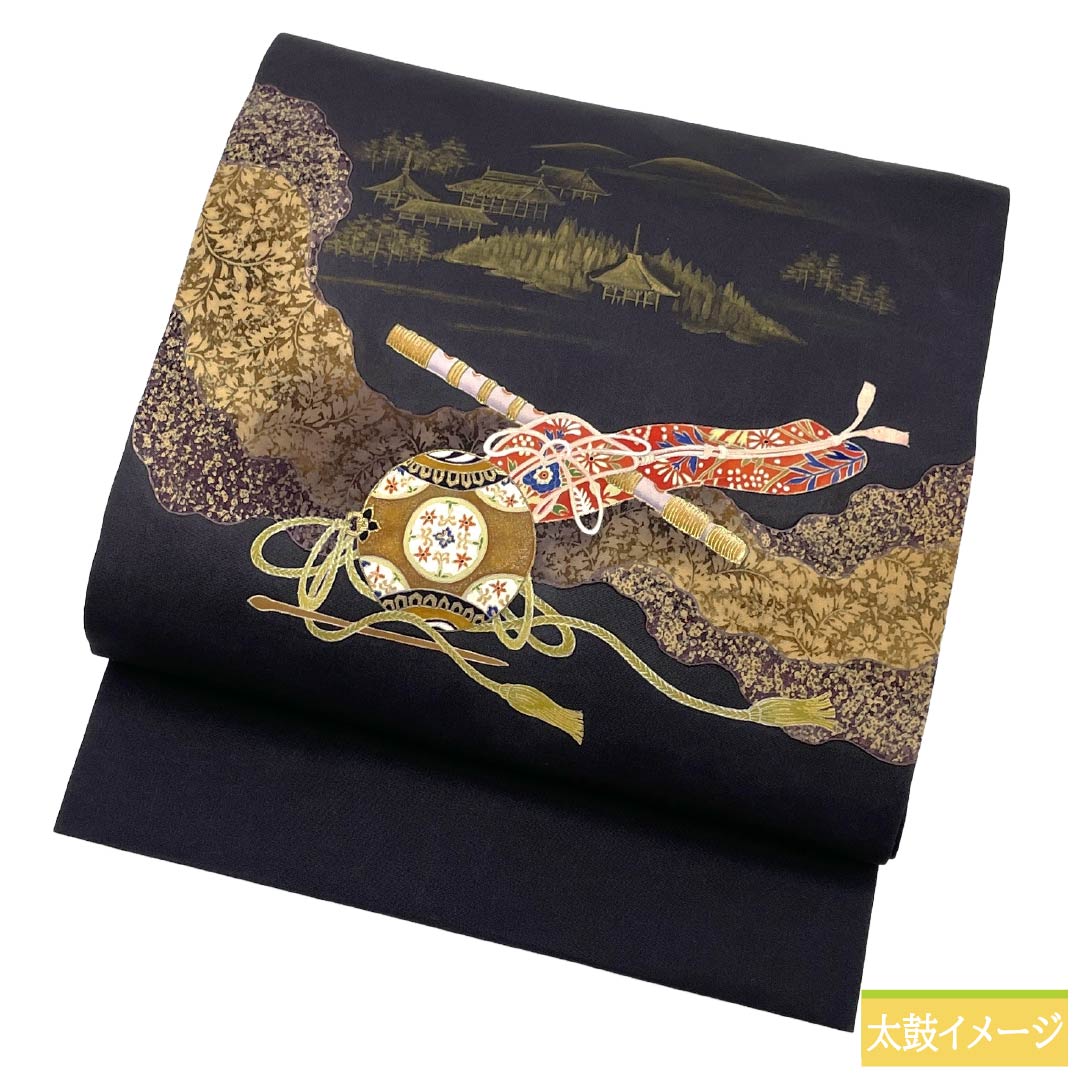 名古屋帯 正絹 Aランク 名古屋仕立て 黒鼠色(くろねずいろ) 古典柄 塩瀬 和楽器 帯丈370cm ポイント柄 セミフォーマル 黒系 1124012573310