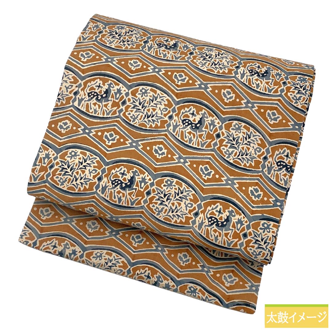 Nagoya obi, genuine silk, S rank, Nagoya-style tailoring, dyed obi, pongee fabric, stencil-dyed sarasa pattern, obi length 338cm, full pattern, casual, brown, 1124011952314