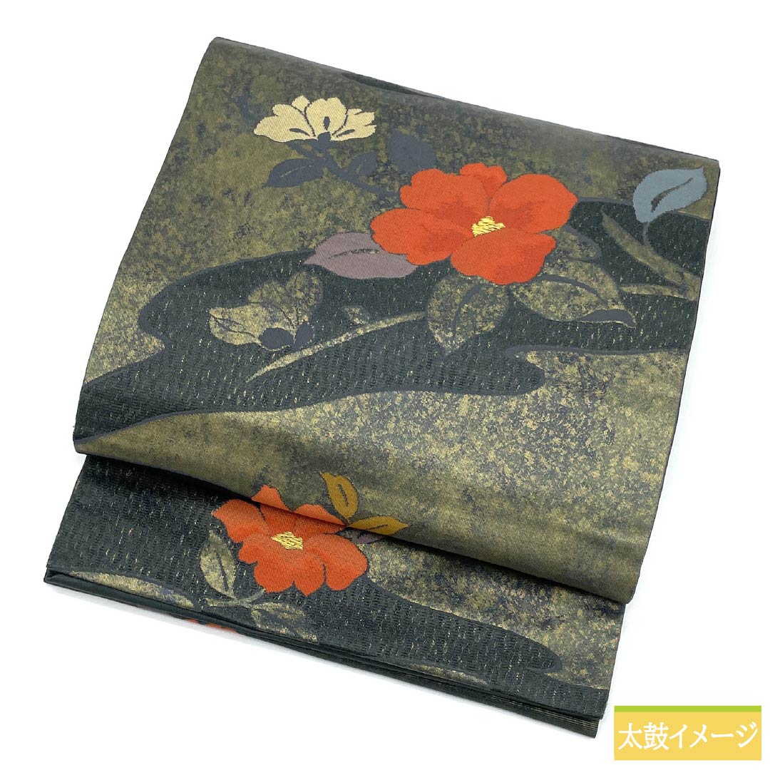 Nagoya obi, genuine silk, A rank, Matsuba-shitate, Tetsunezumi-iro (dark gray), Kinryosoka-mon, Tanaka Fumiko, floral pattern, obi length 358cm, rokkutsu, semi-formal, gray系, 1124011583322