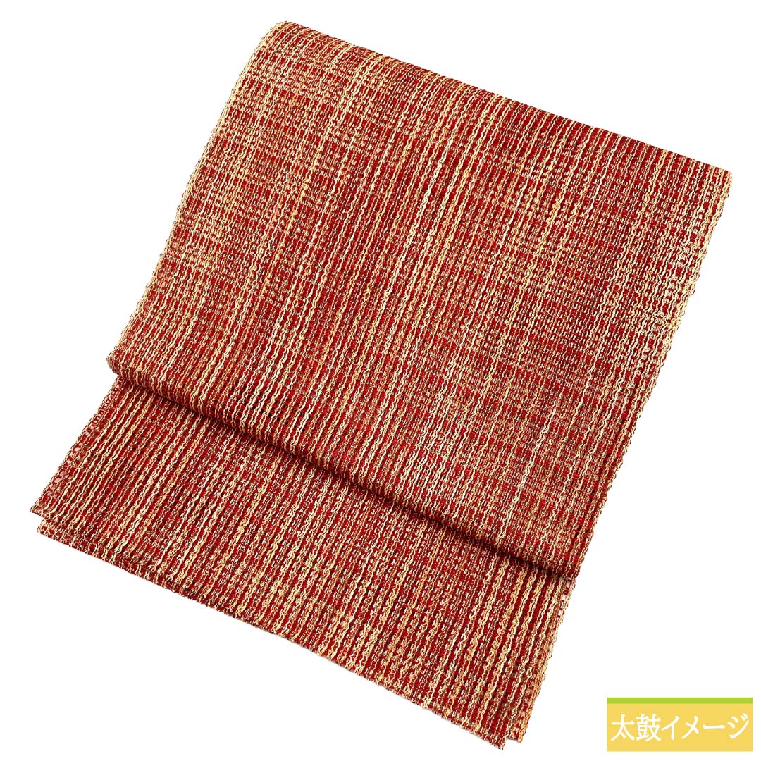 名古屋帯 正絹 Sランク 松葉仕立て 赤紅色(あかべにいろ) 夏帯 縞 トンネル仕立て 帯丈376cm 全通 カジュアル 赤系 1124012862312
