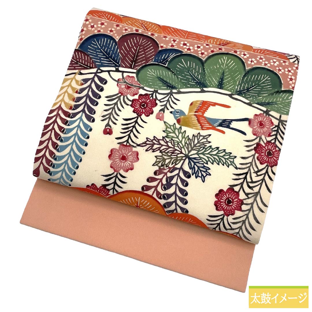 名古屋帯 正絹 Aランク 名古屋仕立て 乙女色(おとめいろ) 京紅型 草花模様 鳥 帯丈354cm 六通 カジュアル ピンク系 1124012453313