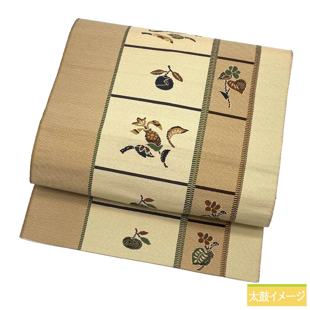 Nagoya obi, genuine silk, A rank, Nagoya tailoring, lattice, plants and botanical pattern, obi length 374cm, Rokutsu (pattern on six panels), casual, beige color, 1124011943325
