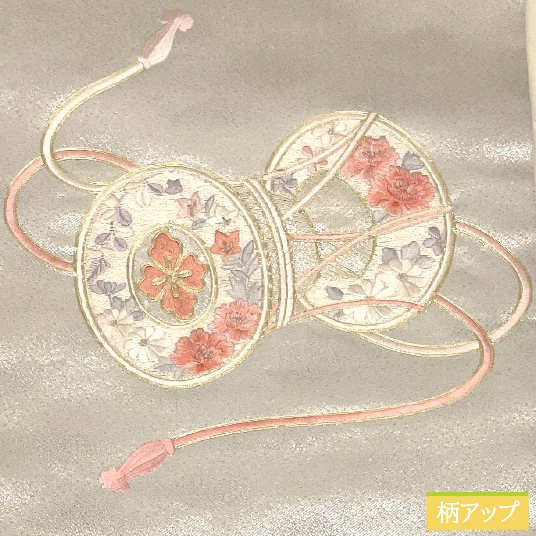 Nagoya obi, genuine silk, Rank A, Nagoya tailoring, silver (gin'iro), Suzhou embroidery, classic pattern, tsuzumi drum, obi length 358cm, partial pattern, semi-formal, silver-tone, 1124012623322