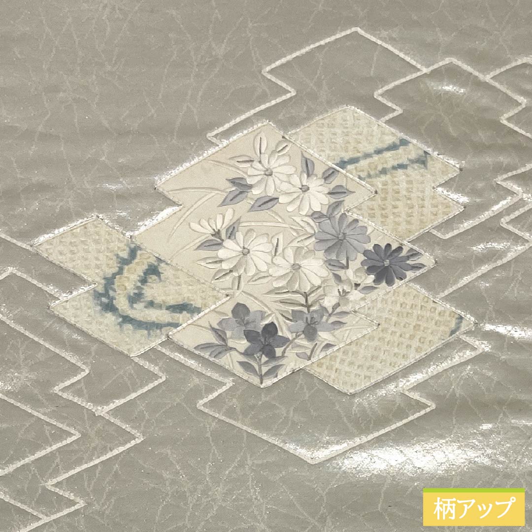 名古屋帯 正絹 Aランク 名古屋仕立て 銀色(ぎんいろ) 蘇州刺繡 松皮菱 花 帯丈343cm ポイント柄 セミフォーマル 銀系 1124012293322