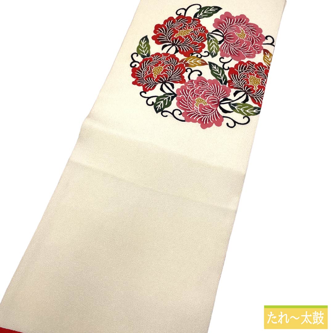 名古屋帯 正絹 Aランク 名古屋仕立て 乳白色(にゅうはくしょく) 京紅型 古典柄 ちりめん地 帯丈350cm ポイント柄 カジュアル 白系 1124012113311